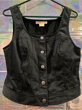 Michael Kors Black Pinstriped Button Front Tank